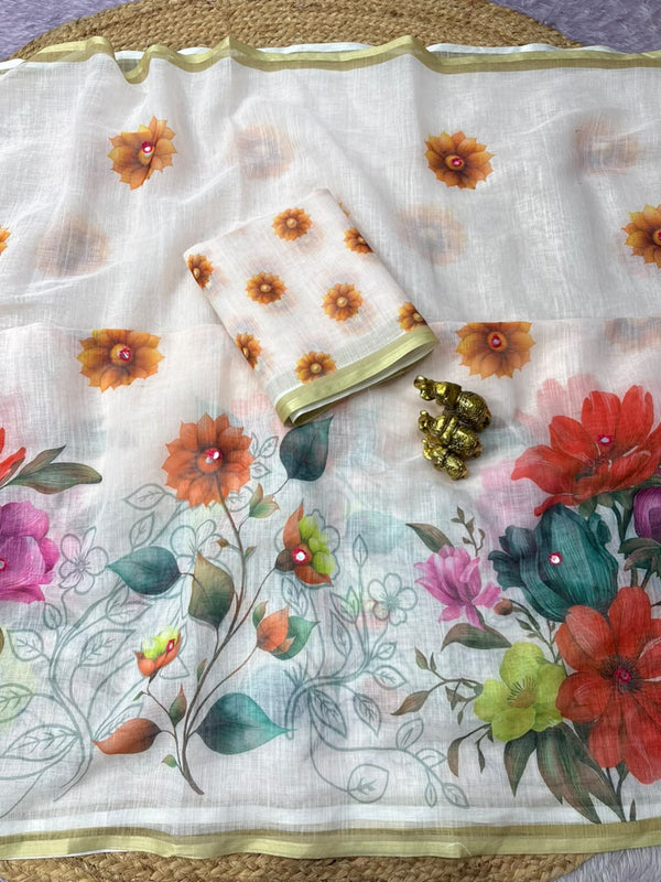 Linen Saree with Mirror Work | Floral & Peacock Printed Designer Linen Saree for Women | Festive & Party Wear