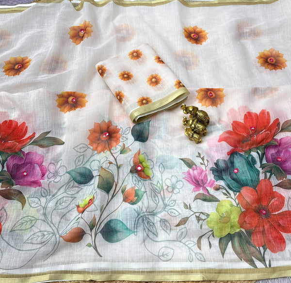 Linen Saree with Mirror Work | Floral & Peacock Printed Designer Linen Saree for Women | Festive & Party Wear