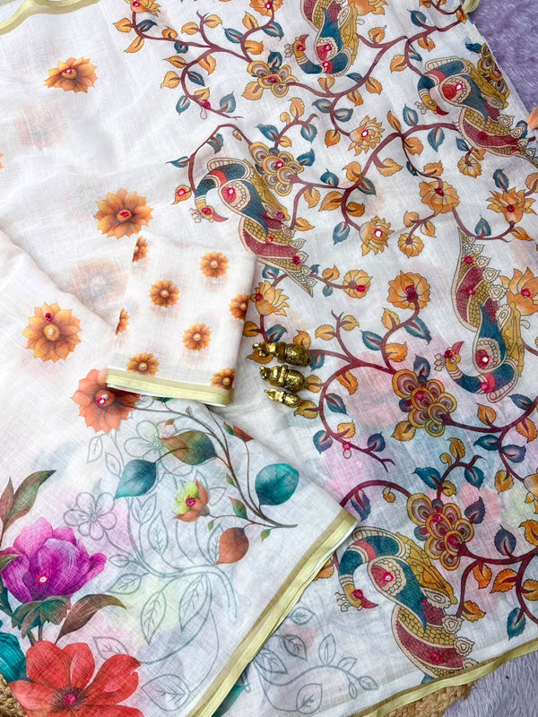 Linen Saree with Mirror Work | Floral & Peacock Printed Designer Linen Saree for Women | Festive & Party Wear