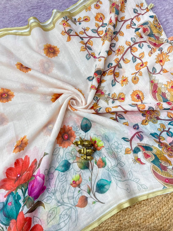Linen Saree with Mirror Work | Floral & Peacock Printed Designer Linen Saree for Women | Festive & Party Wear
