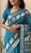 Chinnon Silk Printed Saree for Women | Elephant Print with Designer Zari Border