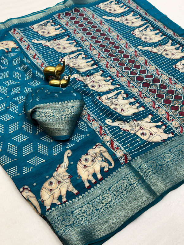 Chinnon Silk Printed Saree for Women | Elephant Print with Designer Zari Border