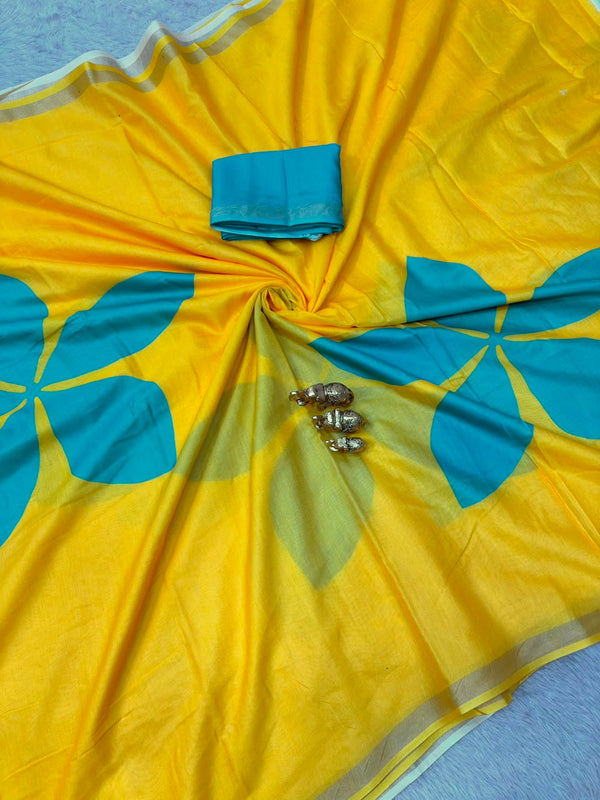 Printed Cotton Saree for Women | Floral Motif Saree with Contrast Border