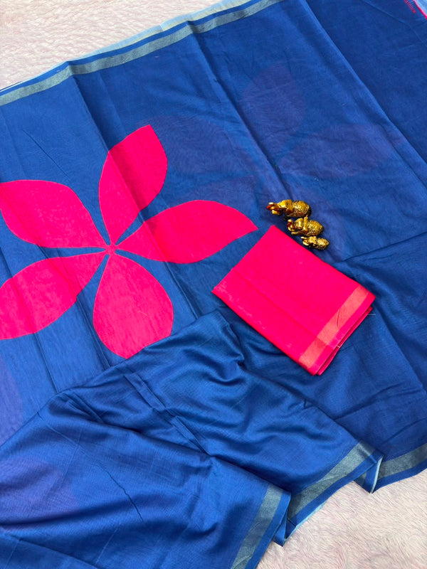 Printed Cotton Saree for Women | Floral Motif Saree with Contrast Border