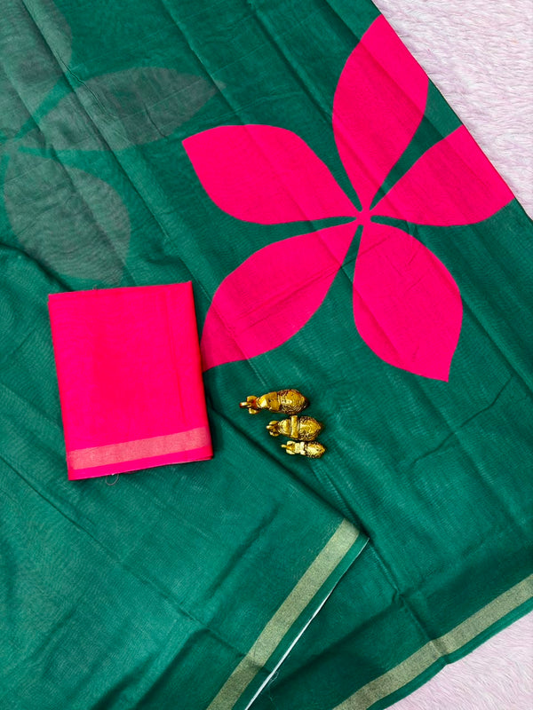 Printed Cotton Saree for Women | Floral Motif Saree with Contrast Border