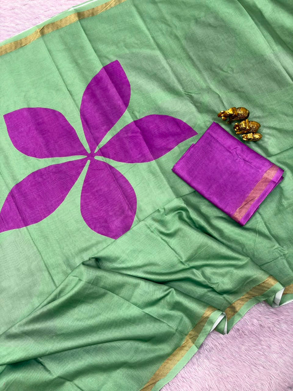 Printed Cotton Saree for Women | Floral Motif Saree with Contrast Border