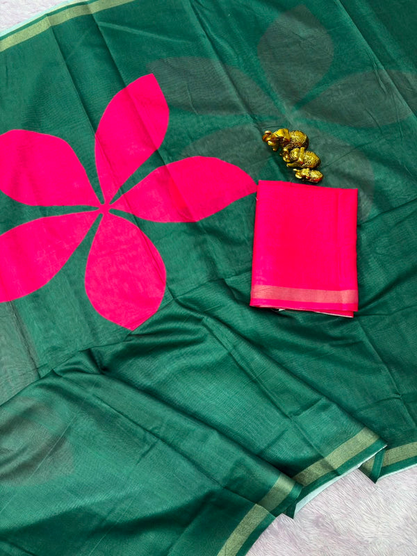 Printed Cotton Saree for Women | Floral Motif Saree with Contrast Border