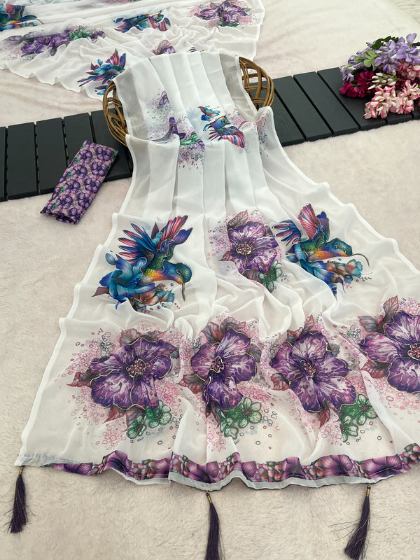 Georgette Floral Printed Saree for Women | Lightweight Designer Saree with Beautiful Floral Print, Border & Tassel Detailing