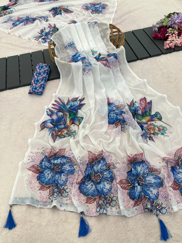 Georgette Floral Printed Saree for Women | Lightweight Designer Saree with Beautiful Floral Print, Border & Tassel Detailing