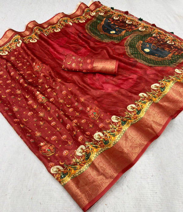 Dola Silk Saree for Karwa Chauth | Traditional Festive Saree with Designer Border & Ethnic Print