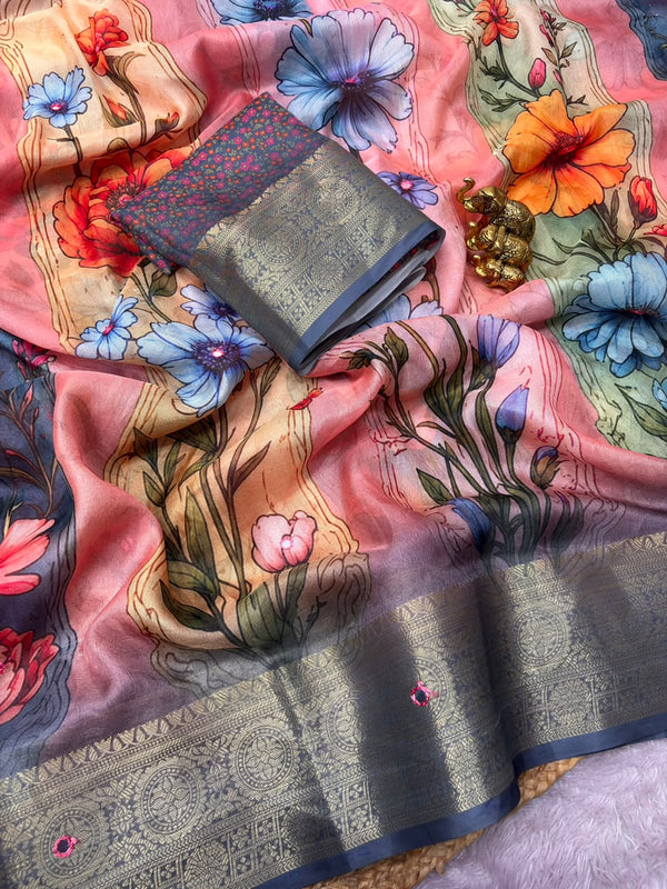 Floral Printed Designer Saree for Women with Rich Banarasi Zari Border | Elegant Festive & Party Wear Saree