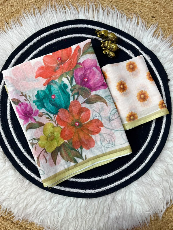 Linen Saree with Mirror Work | Floral & Peacock Printed Designer Linen Saree for Women | Festive & Party Wear