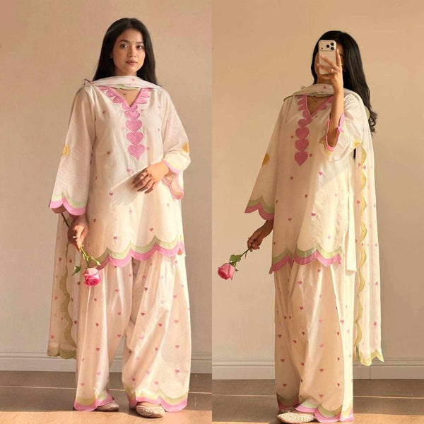 White Pink Cotton Suit Set for Women | Kurta Palazzo Dupatta